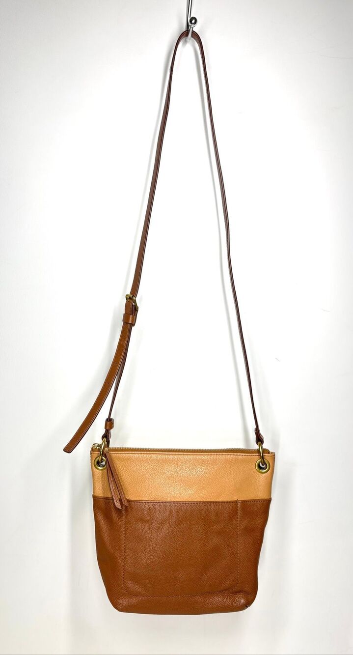 Fossil Cognac Brown & Tan Leather Crossbody Bag Two Tone Adjustable Strap - Picture 2 of 8